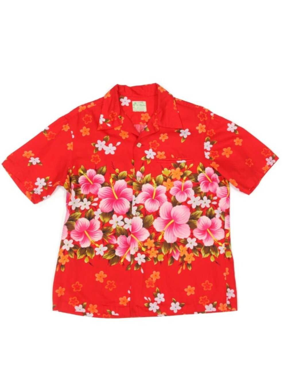 Vintage UI-MAIKAI Hawaiian Shirt Red Hibiscus Floral Aloha Short Sleeve sz L 497